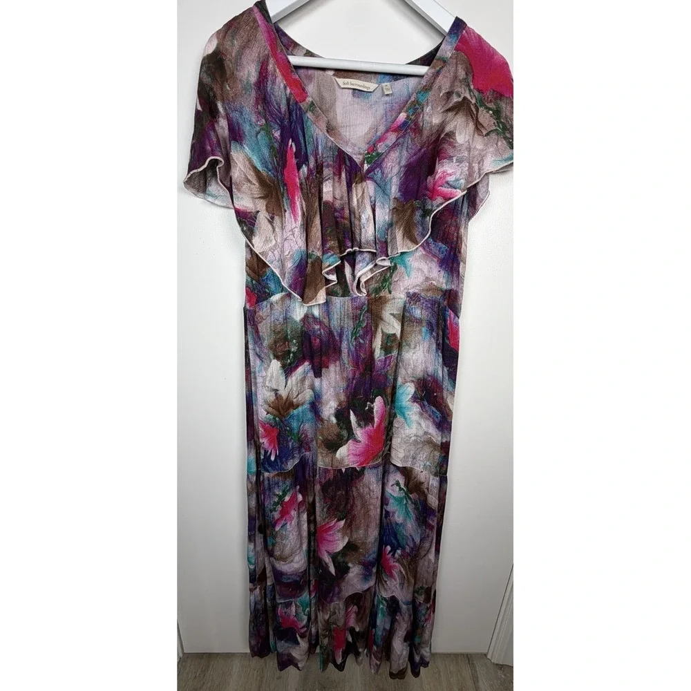 Soft Surroundings Size Medium Italian Dreams Purple Botanical Tiered Maxi Dress